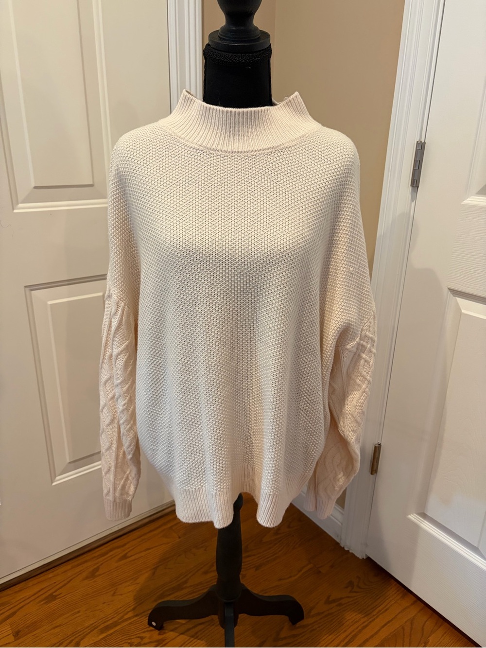 Women's Cream Mock Neck Cable-Sleeve Sweater